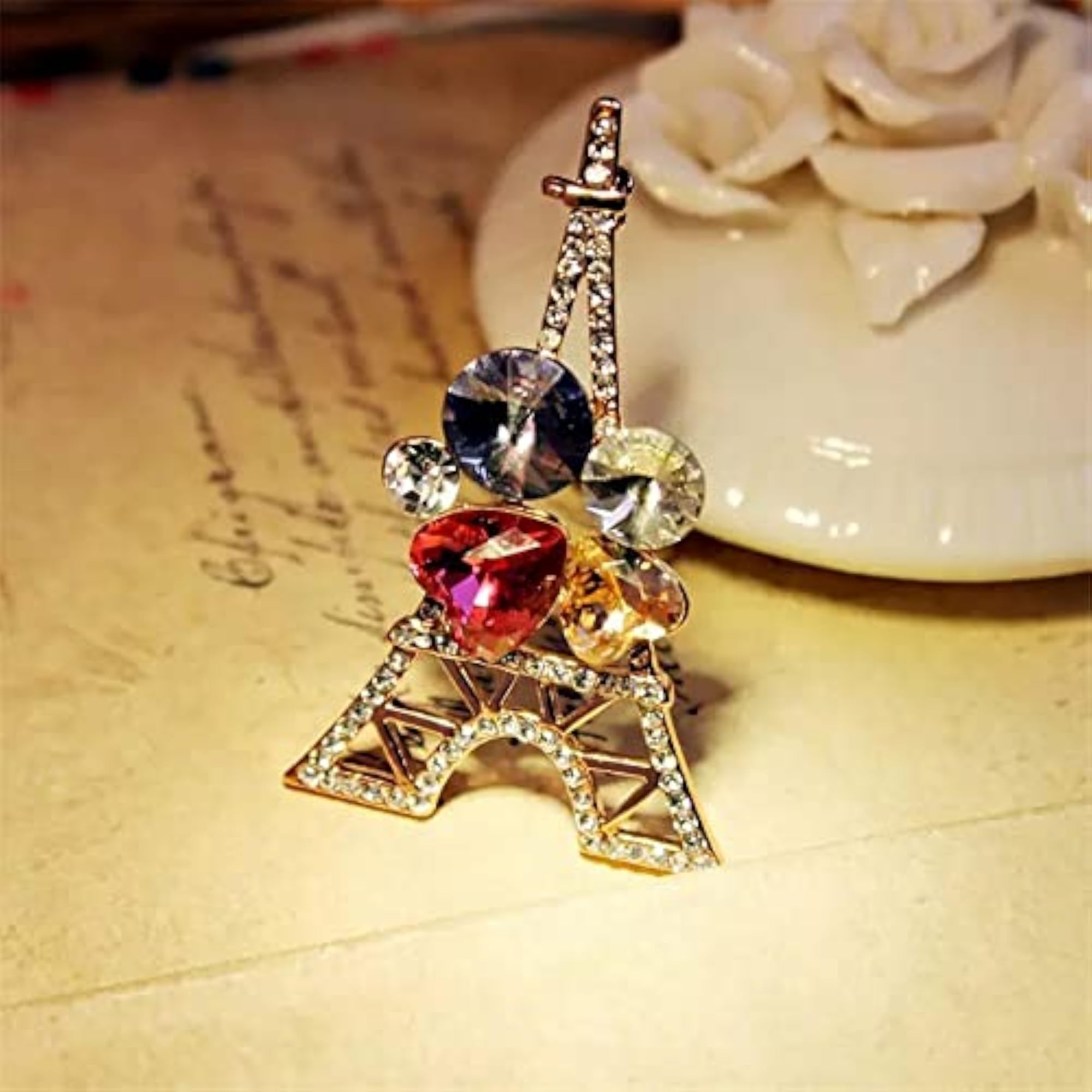 Rhinestone Crystal Studded Eye & Tower Design Brooch Pin Combo